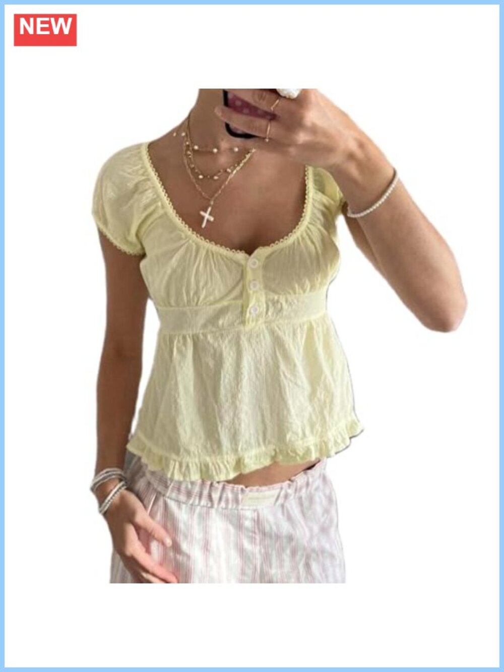 Y2K Babydoll Top Ruffle Hem Scoop Neck Short Sleeve Fitted Summer Blouse